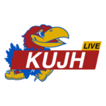 KU's Jayhawk mascot with a KUJH Live banner in front of it