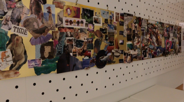 A row of collages by Tsutomu hangs in the Spencer Museum