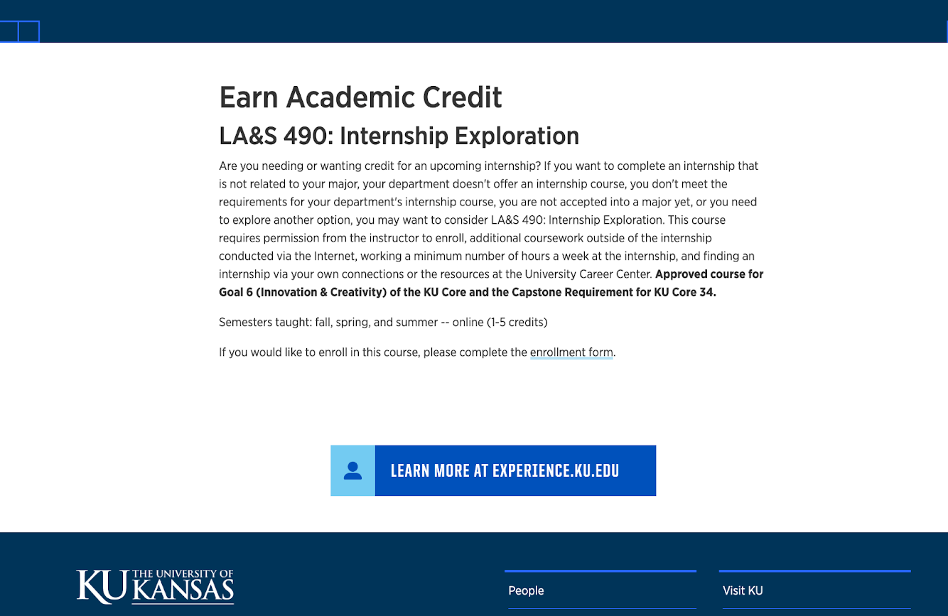 A course description for an internship class offered at KU